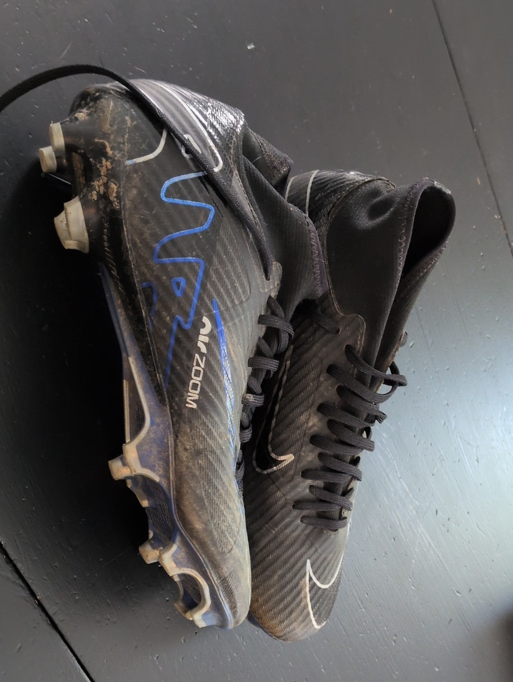 Nike AirZoom Mercurial Black Soccer Cleats with Blue Details - M7/W8.5